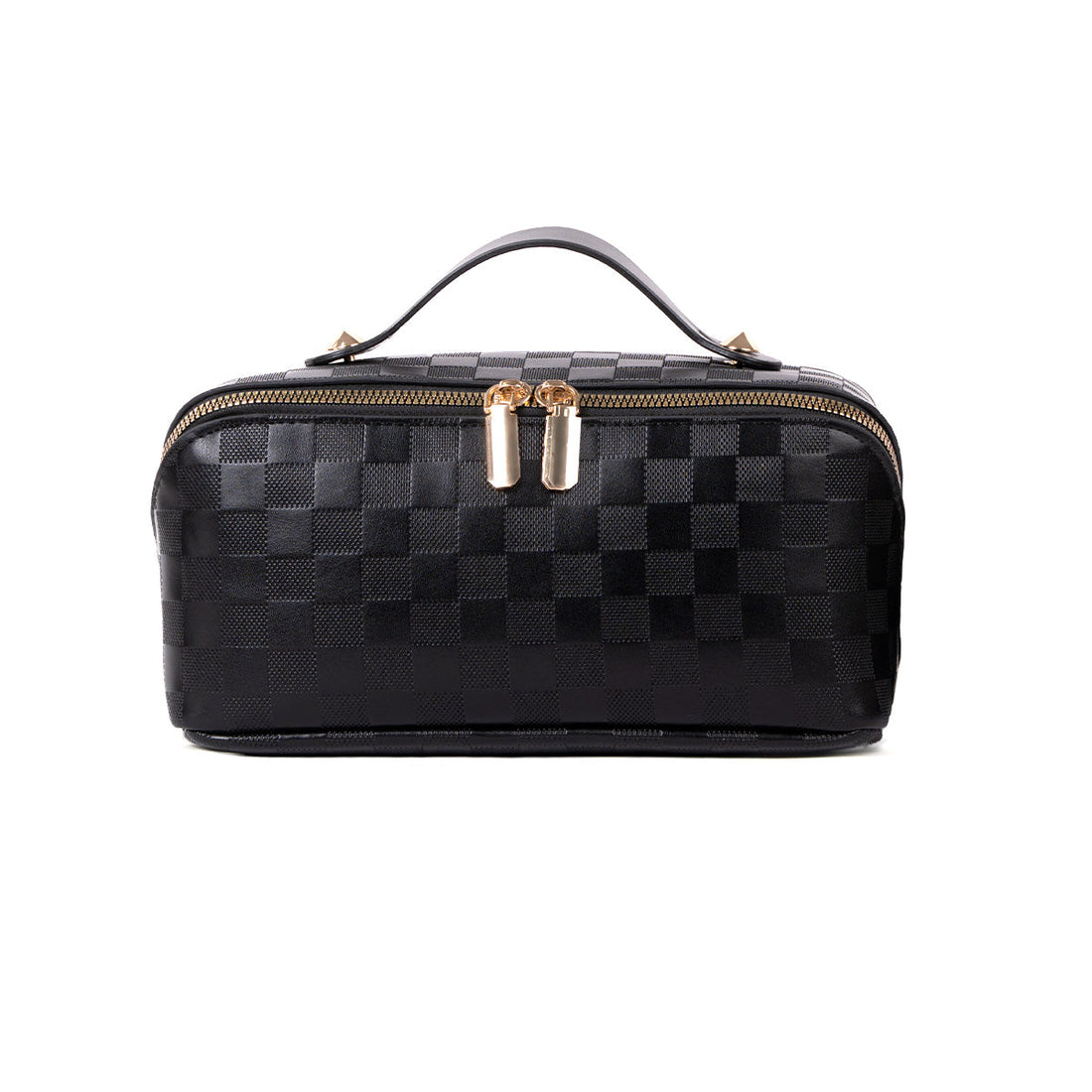 Black checked travel makeup bag with gold zippers