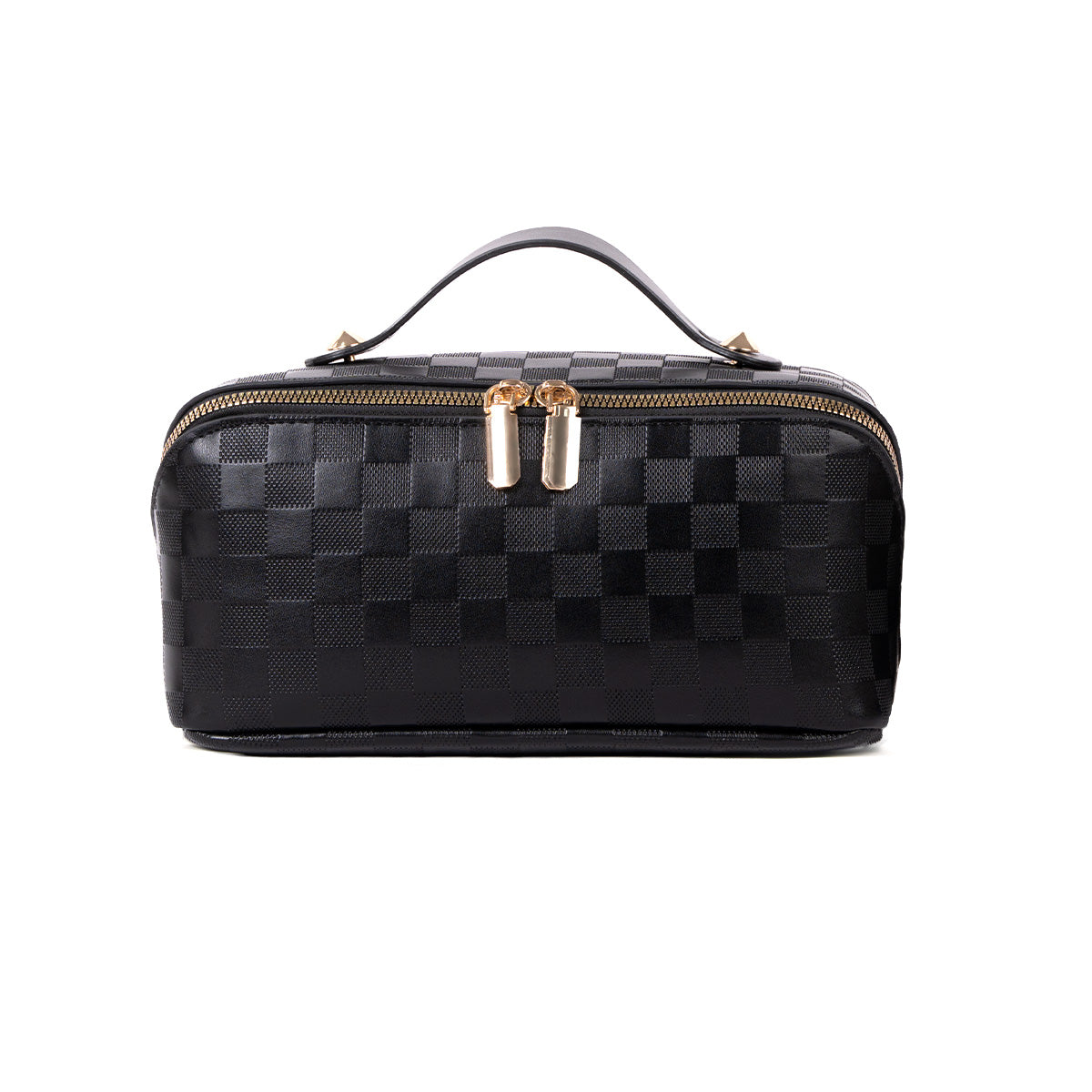 Black checked travel makeup bag with gold zippers