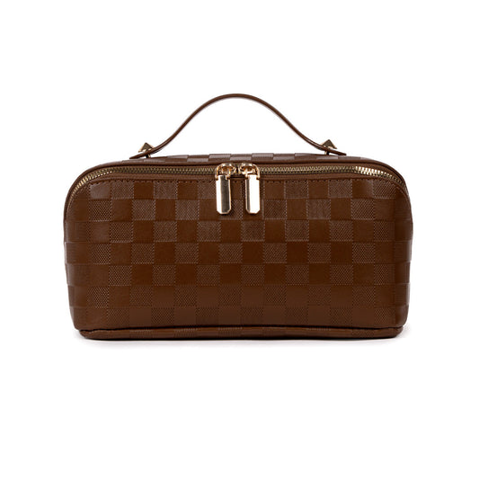 Structured brown makeup bag that keeps its shape
