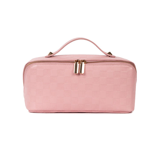 Pink checked travel makeup bag