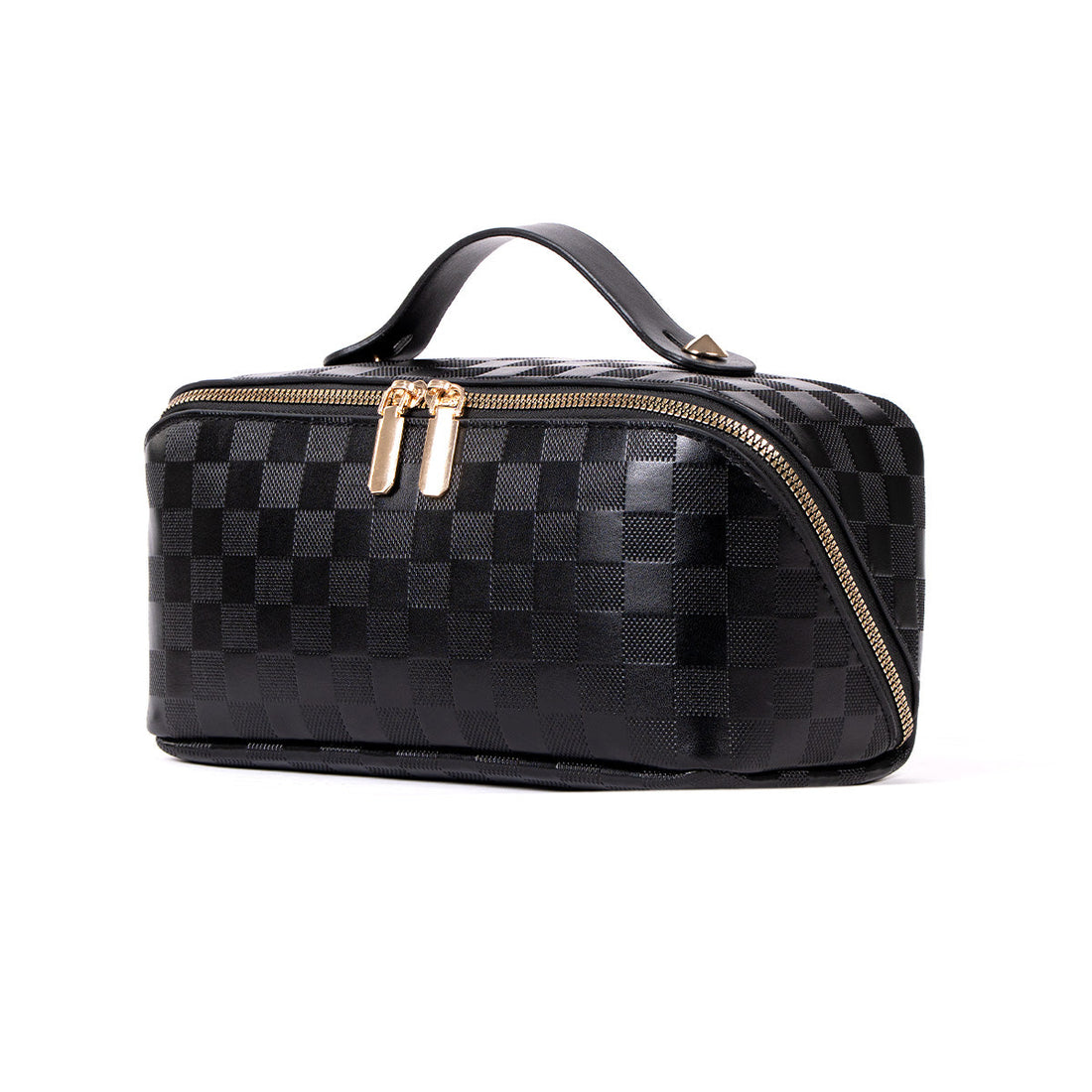 Black checked travel makeup bag with gold zippers, angled view