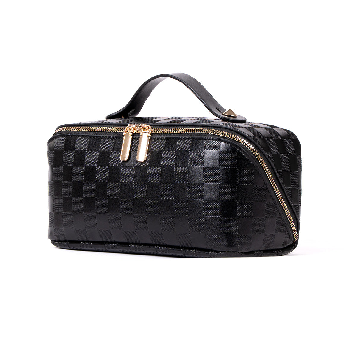 Black checked travel makeup bag with gold zippers, angled view