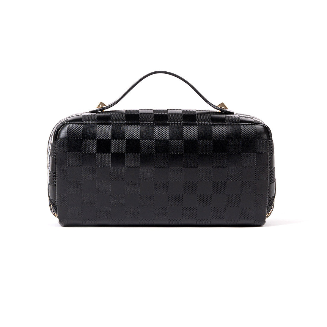Black checked travel makeup bag, front view