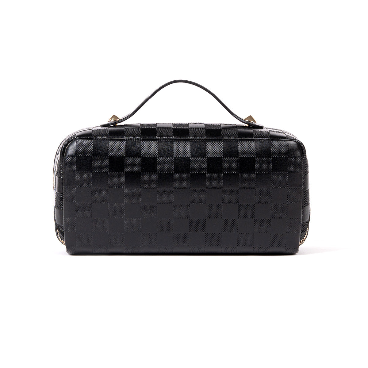 Black checked travel makeup bag, front view