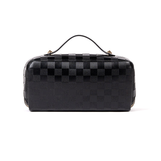 Black checked travel makeup bag, front view