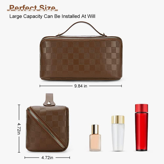 Brown travel makeup bag size diagram beside three bottles for scale