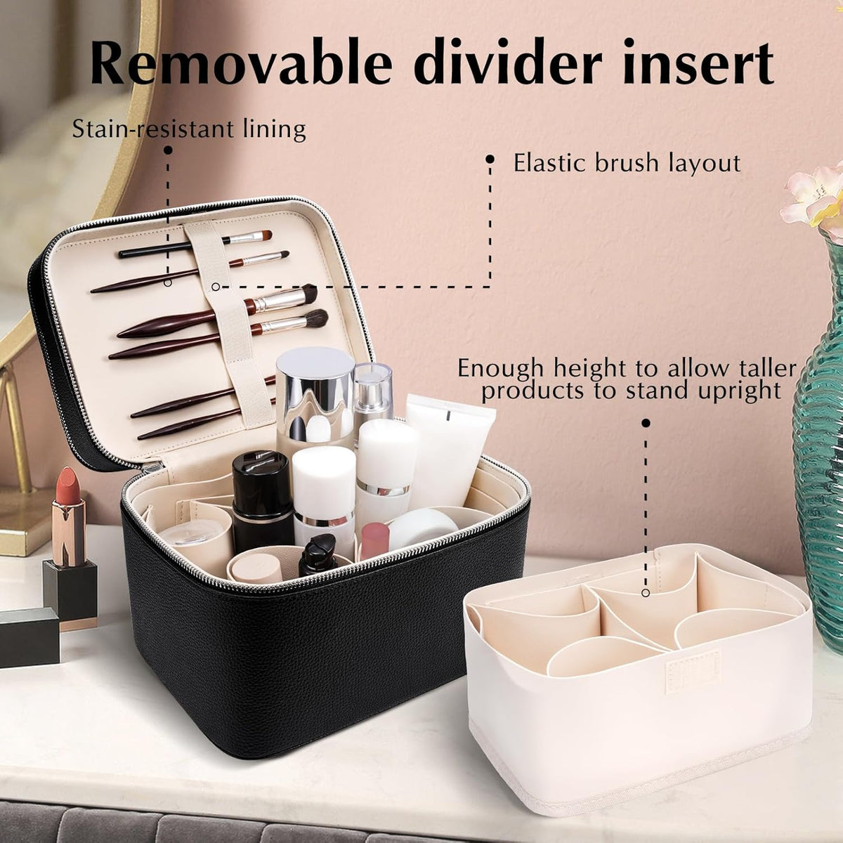 Duo vanity case open with skincare bottles standing upright and brushes in the lid