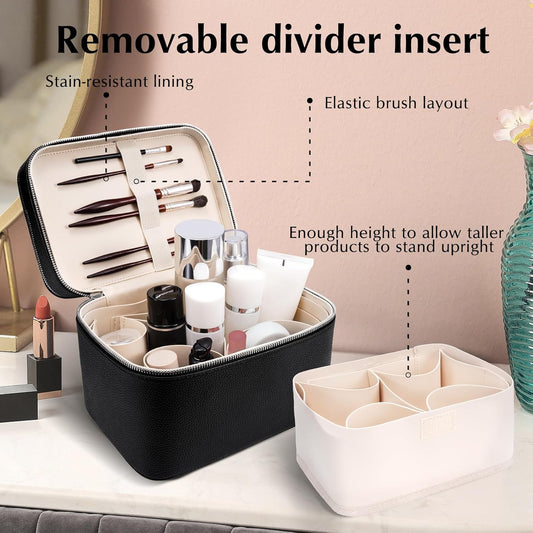 Duo vanity case open with skincare bottles standing upright and brushes in the lid