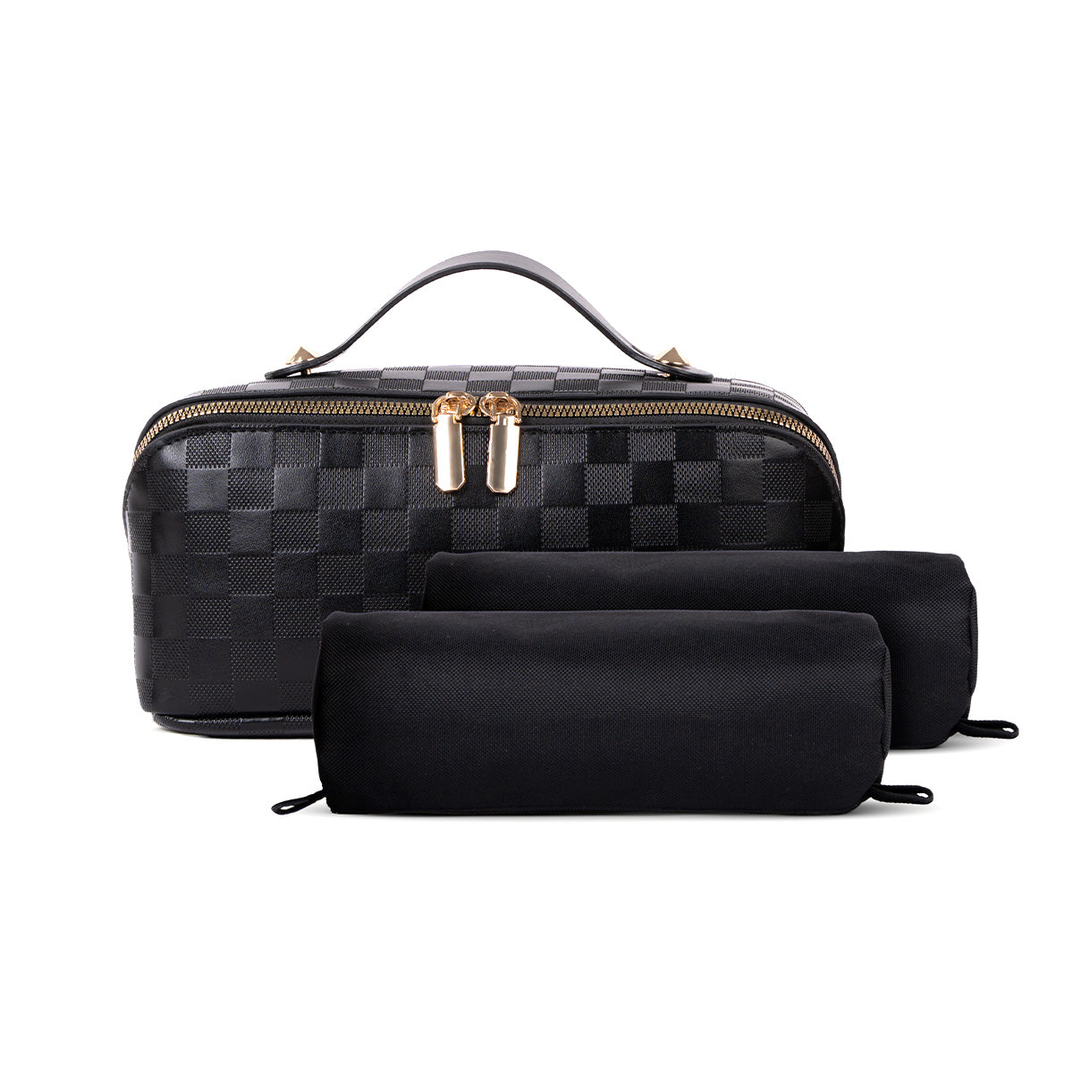 Black travel makeup bag with two slim black mini pouches