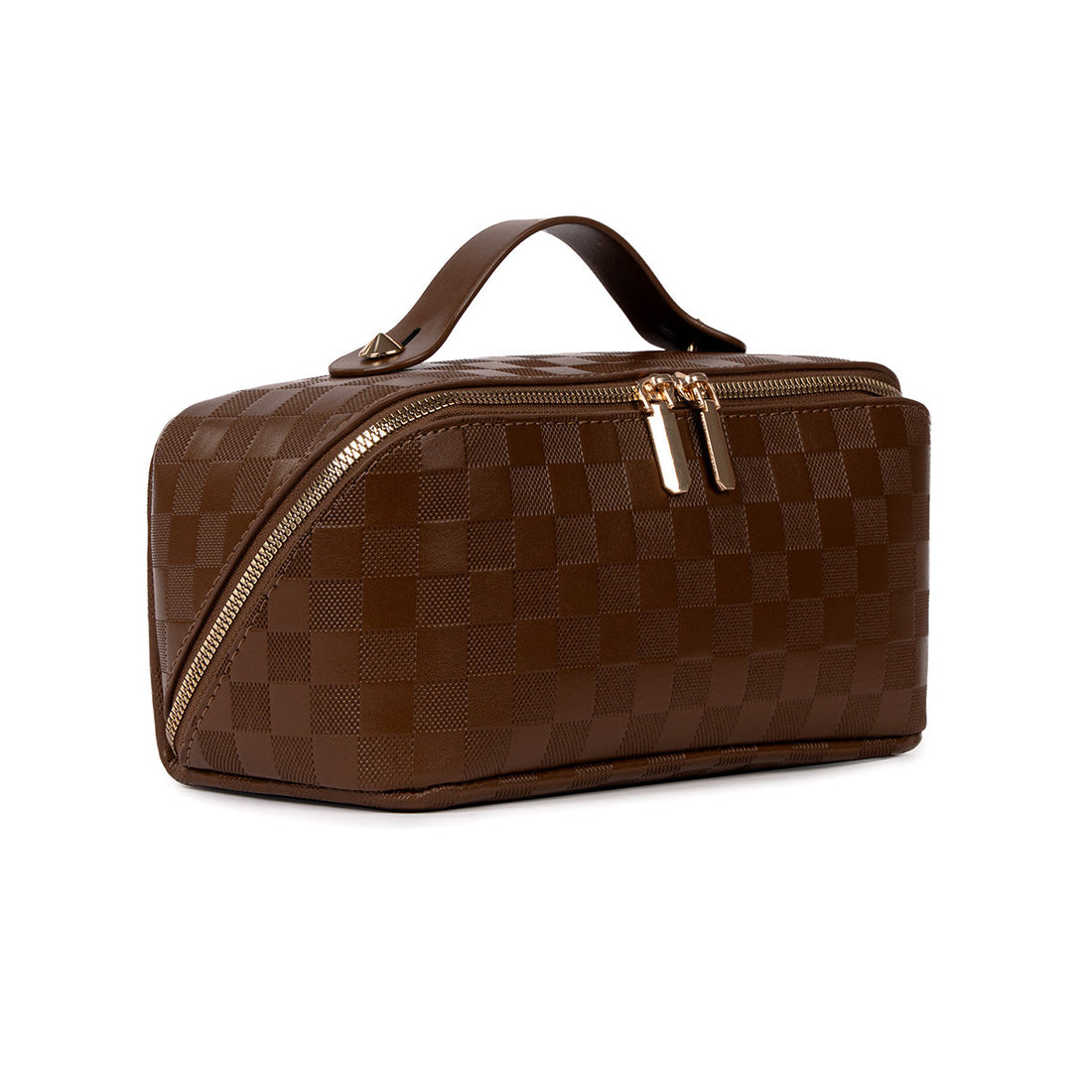 Brown checked travel makeup bag with gold zipper, angled view
